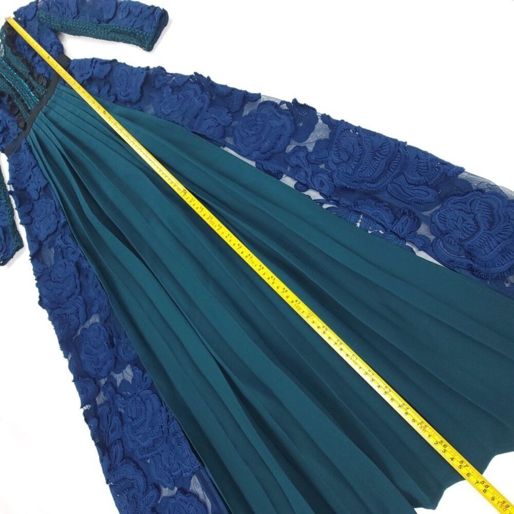 NEW Self Portrait Thea Sheer Lace Applique Pleated Maxi Dress Navy Emerald Gown - Picture 7 of 11